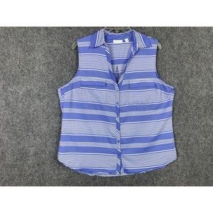 New York & Co Sleeveless Button Up Shirt Striped Blue White Notch V- Neck Sz XL